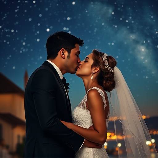 Photo de mariage d'un couple s'embrassant tendrement sous un ciel étoilé lors de leur réception à Lyon.