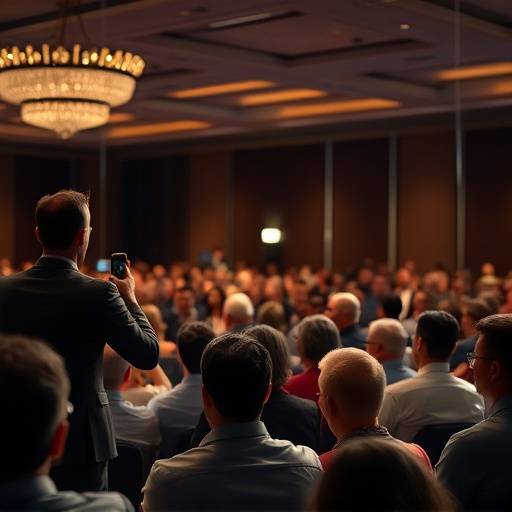 Photographie d'un discours lors d'une conférence, capturant l'attention du public et l'éloquence de l'orateur.
