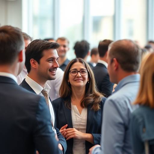 Photographie d'un événement d'entreprise montrant des participants interagissant