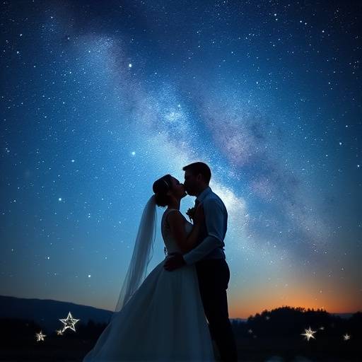 Photographie de mariage féérique d'un couple s'embrassant sous un ciel étoilé, Créations Lumineuses Lyon