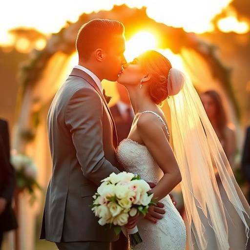 Photographie de mariage montrant un couple s'embrassant lors de leur cérémonie