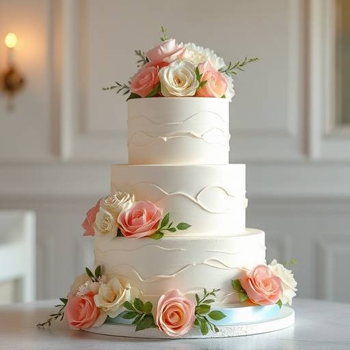 Photographie du gâteau de mariage décoré avec des fleurs et des détails élégants.