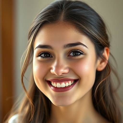 Portrait d'une jeune femme souriante avec un éclairage doux et naturel.