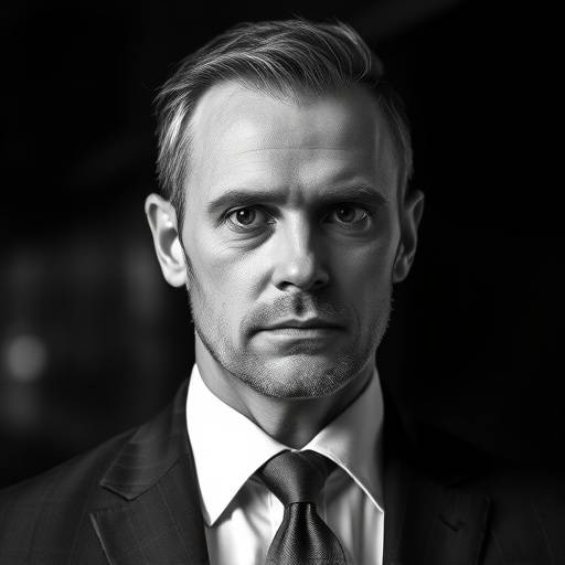 Portrait en noir et blanc d'un homme d'affaires, mettant en valeur sa détermination et son professionnalisme.